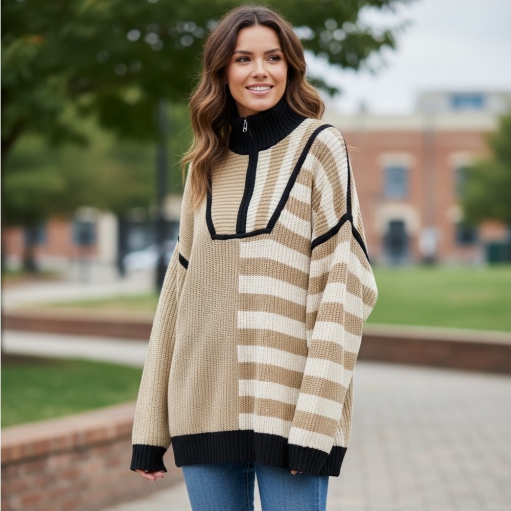 Staud Medium Sahara Striped Hampton Sweater Half Zip Neutral Oversized 0001